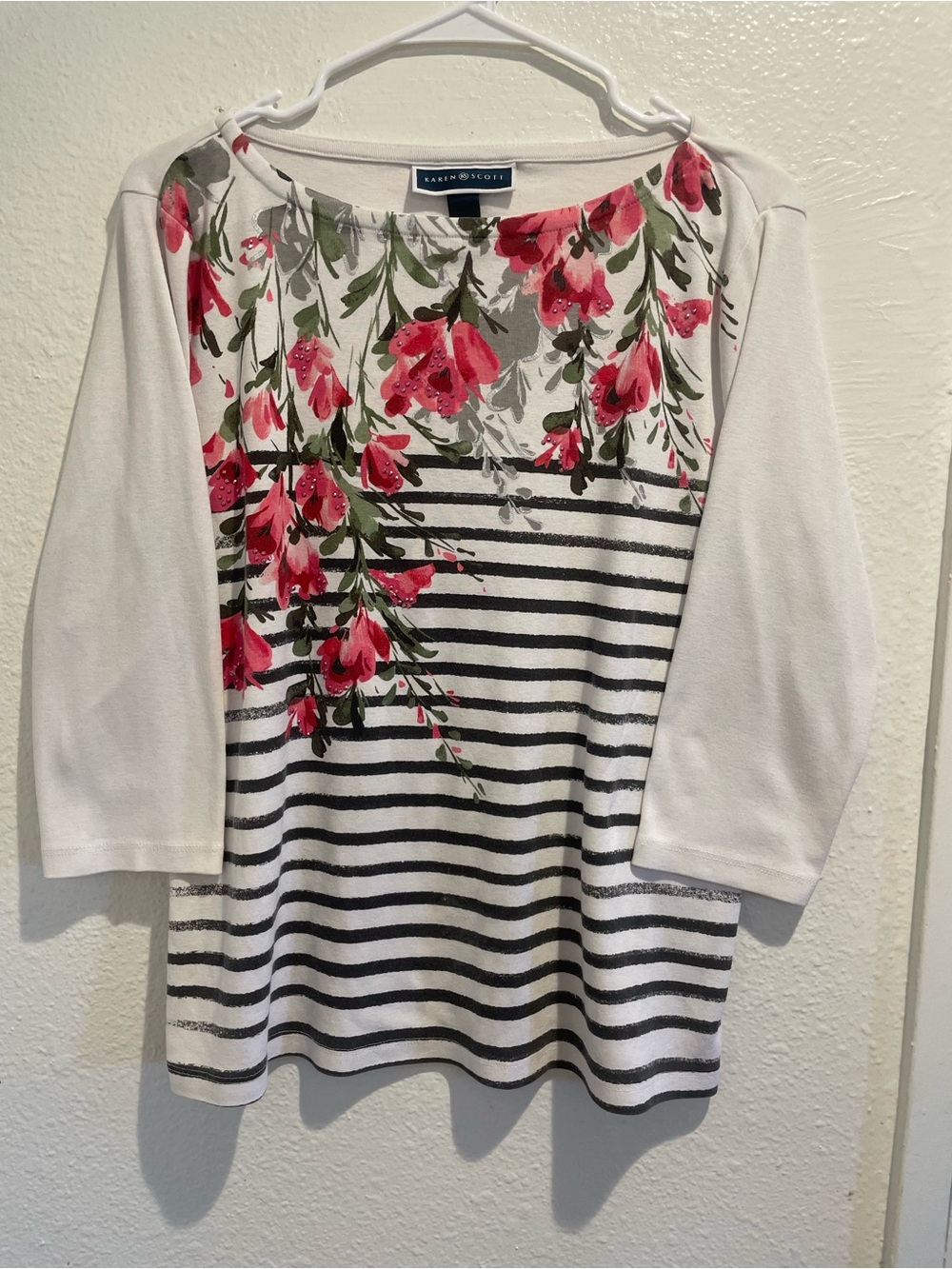 🌸 Karen Scott Floral Stripe Boat Neck Top • L